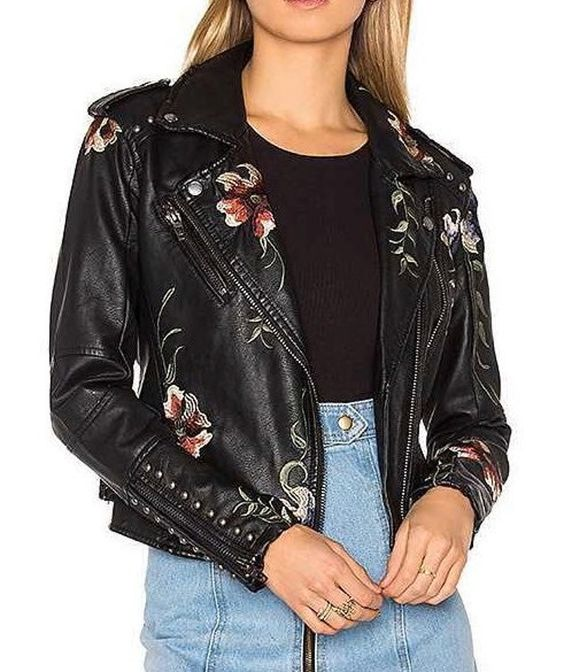 woman wearing floral embroidered black leather jacket