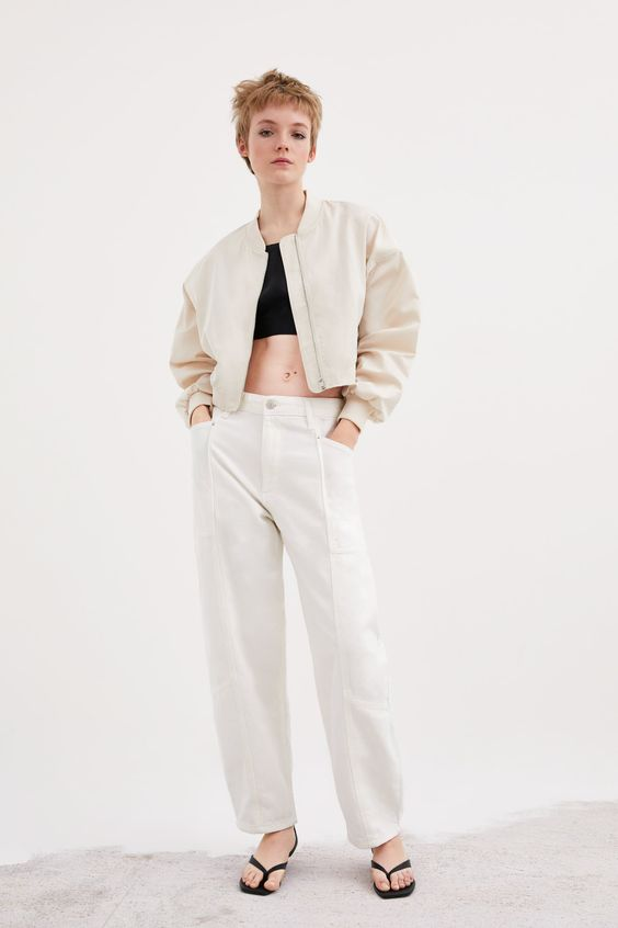 cream-colored cropped bomber jacket for women