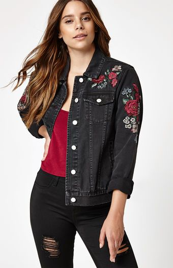 black denim custom jacket with floral embroidery