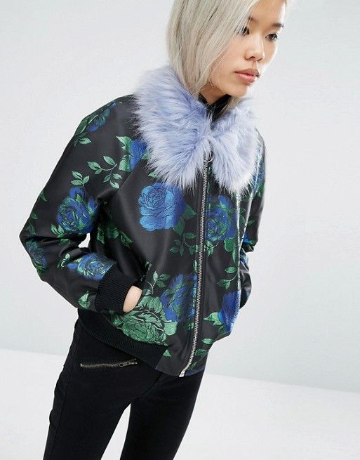 floral designed bomber jacket with fur collar