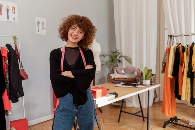 clothes designer working at her store